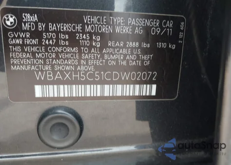 2012 BMW 528I xDrive z USA, uszkodzony, nr VIN WBAXH5C51CDW02072